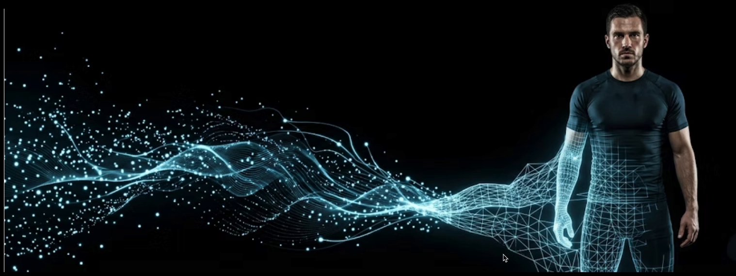 Man whose body dissolves into a stream of glowing particles