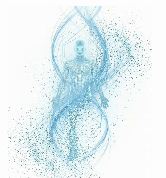Human figure dissolving into a DNA helix of particles