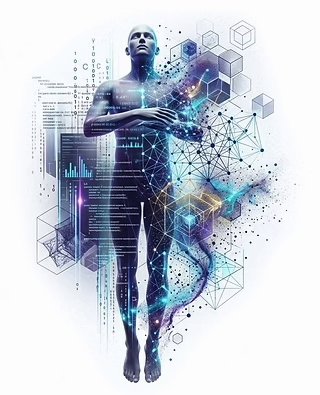 Digital human figure surrounded by data panels