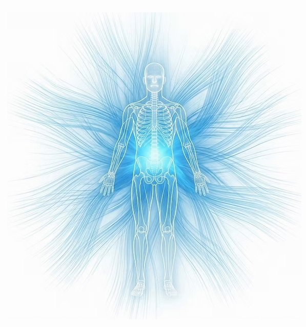 Skeleton figure radiating blue energy lines