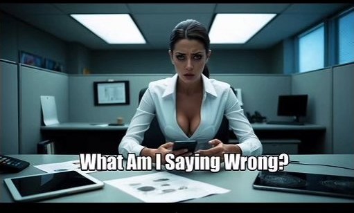 Frustrated saleswoman at her desk asking what am I saying wrong