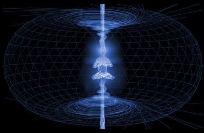 Glowing blue energy field forming a torus around a human figure