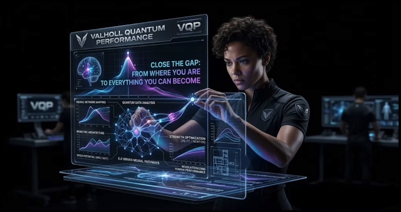 Coach working with a holographic VQP performance dashboard reading Close the gap
