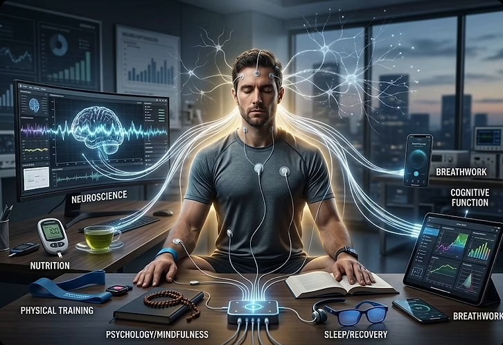 Man at a desk connected to eight disciplines: neuroscience, nutrition, physical training, psychology, sleep, breathwork and cognitive function