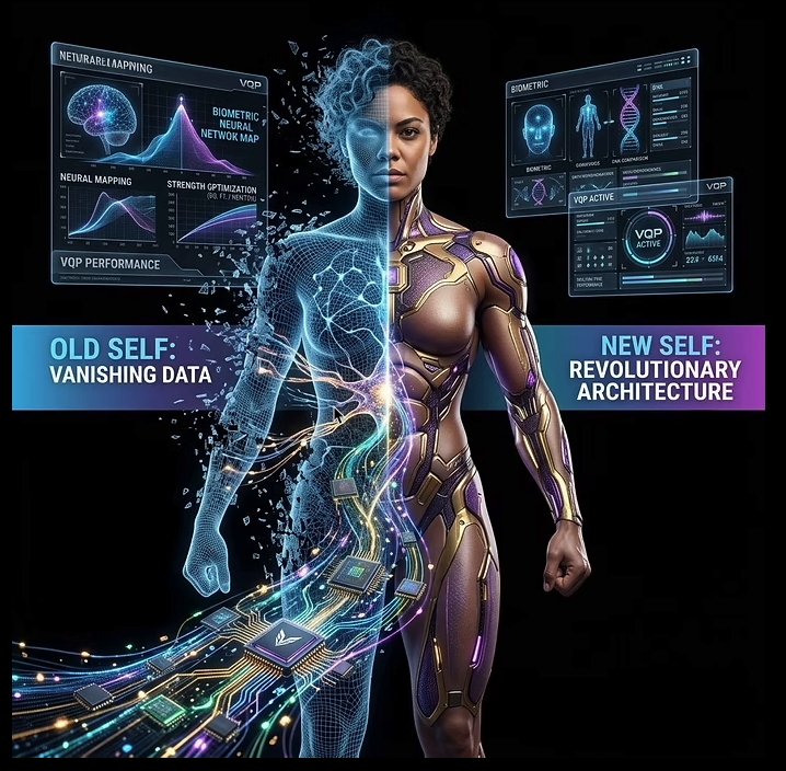 Woman transforming from old self, vanishing data, to new self, revolutionary architecture