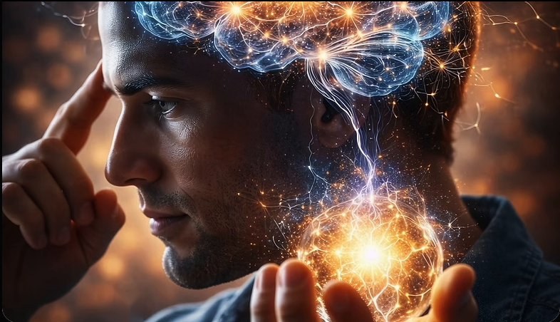 Man with glowing neural pathways around his head