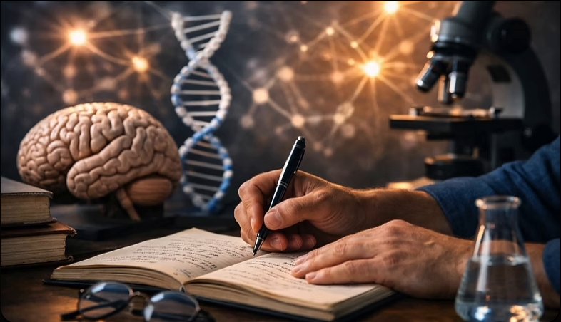 Researcher writing notes beside a brain model, DNA and a microscope
