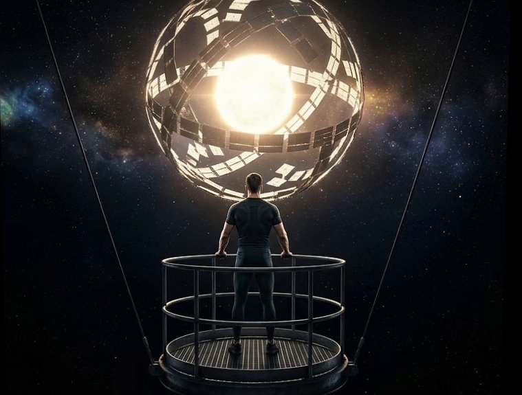 Man standing on a platform beneath a glowing geometric sphere